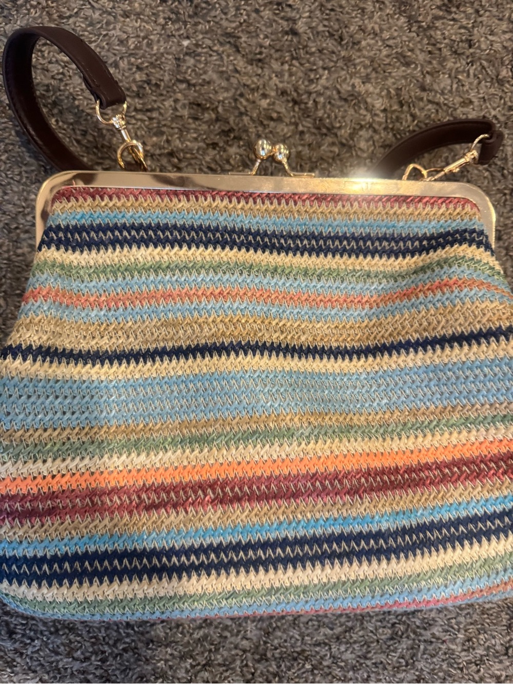 Amazon Multicolor Striped Knit kiss lock Shoulder Bag with Dark Brown Strap dupe - Picture 3 of 4